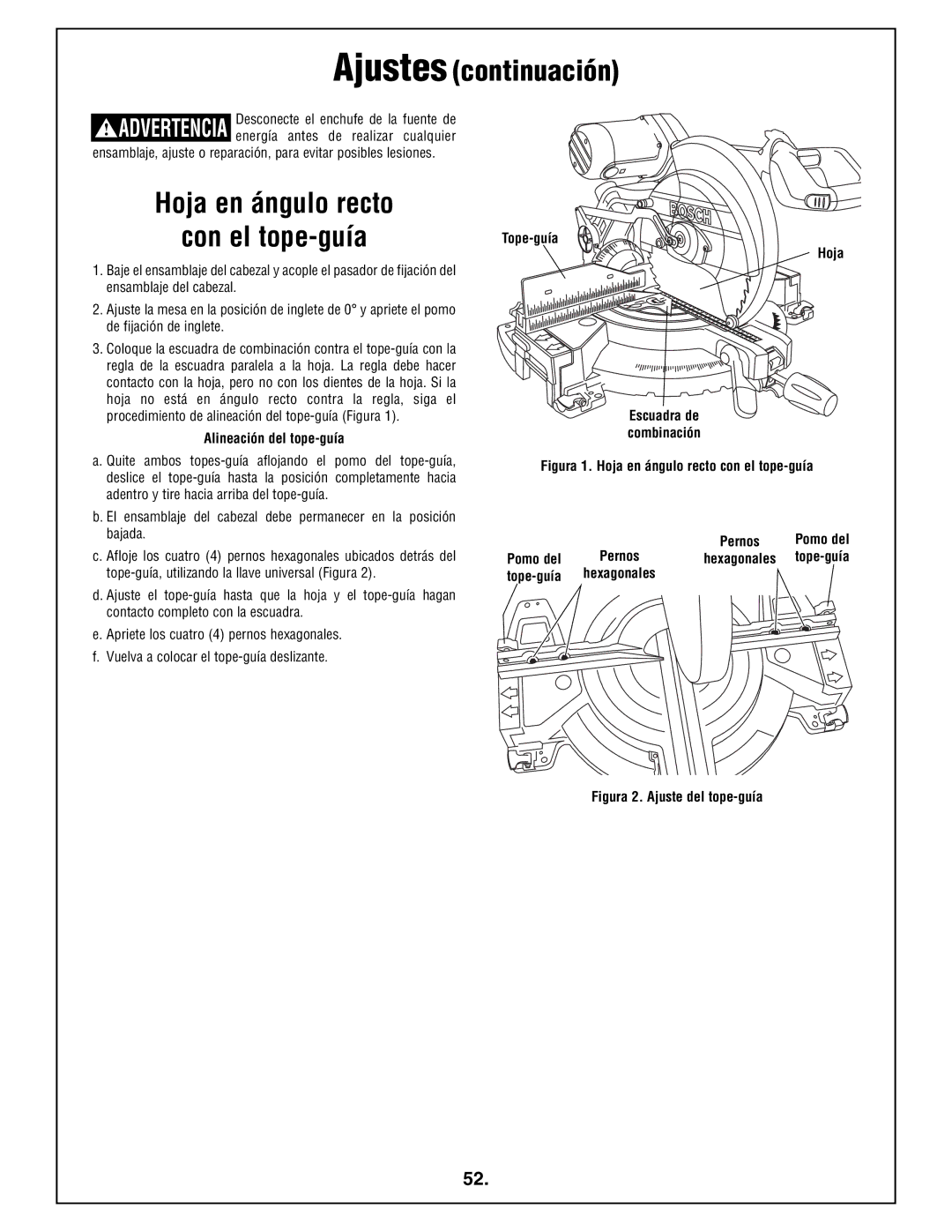 Bosch Power Tools 4212L manual Hoja en ángulo recto Con el tope-guía, Alineación del tope-guía, Tope-guía Hoja, Pomo del 