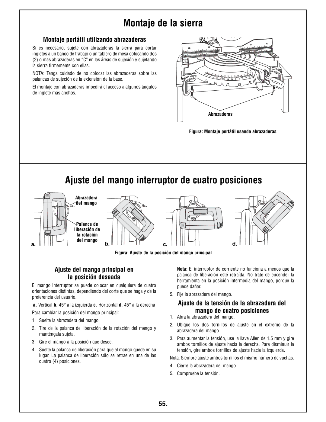 Bosch Power Tools 4212L manual Montaje de la sierra, Ajuste del mango interruptor de cuatro posiciones, Abrazaderas 