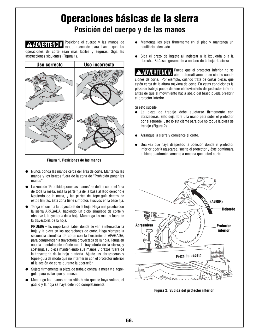 Bosch Power Tools 4212L Operaciones básicas de la sierra, Posición del cuerpo y de las manos, Uso correcto Uso incorrecto 