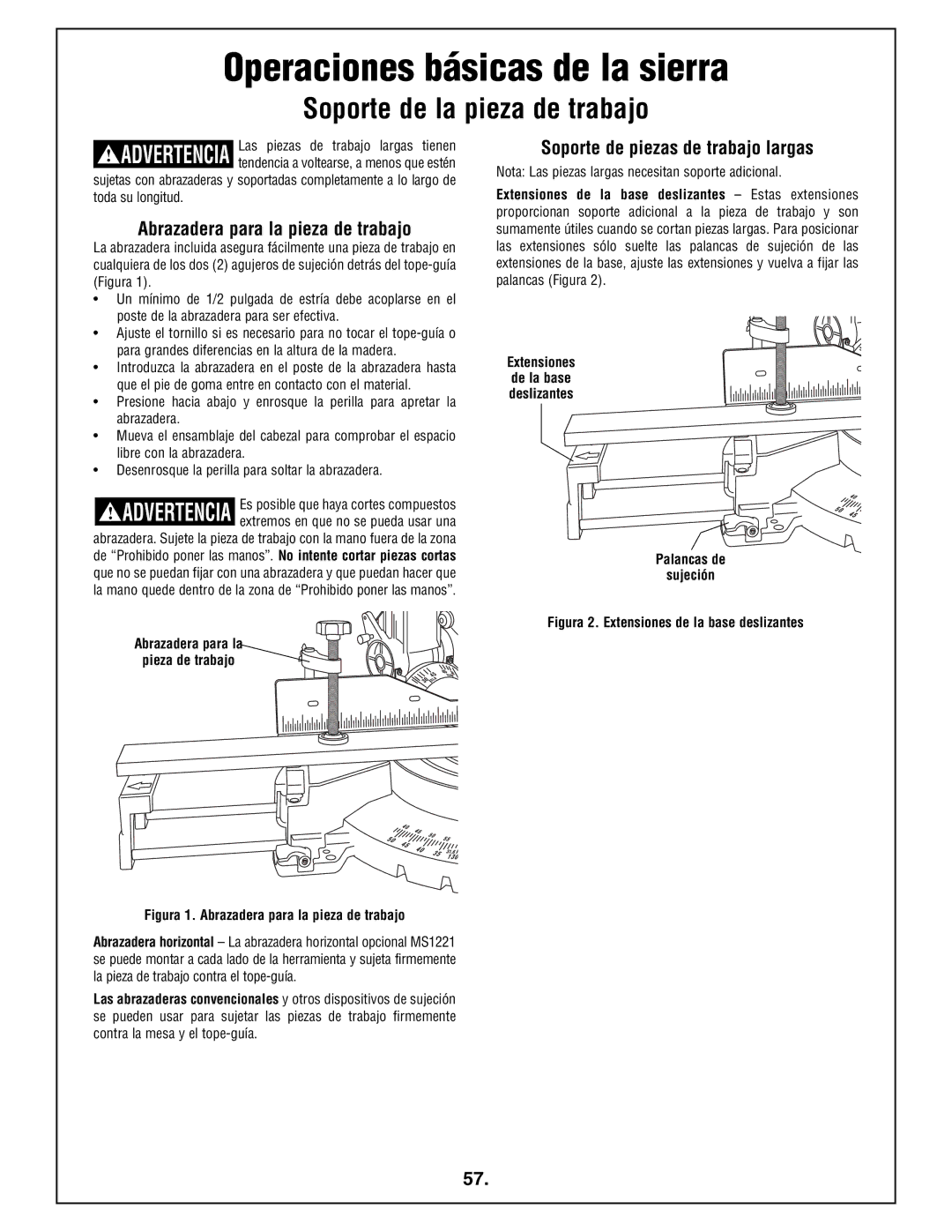 Bosch Power Tools 4212L manual Soporte de la pieza de trabajo, Abrazadera para la pieza de trabajo, Palancas de Sujeción 