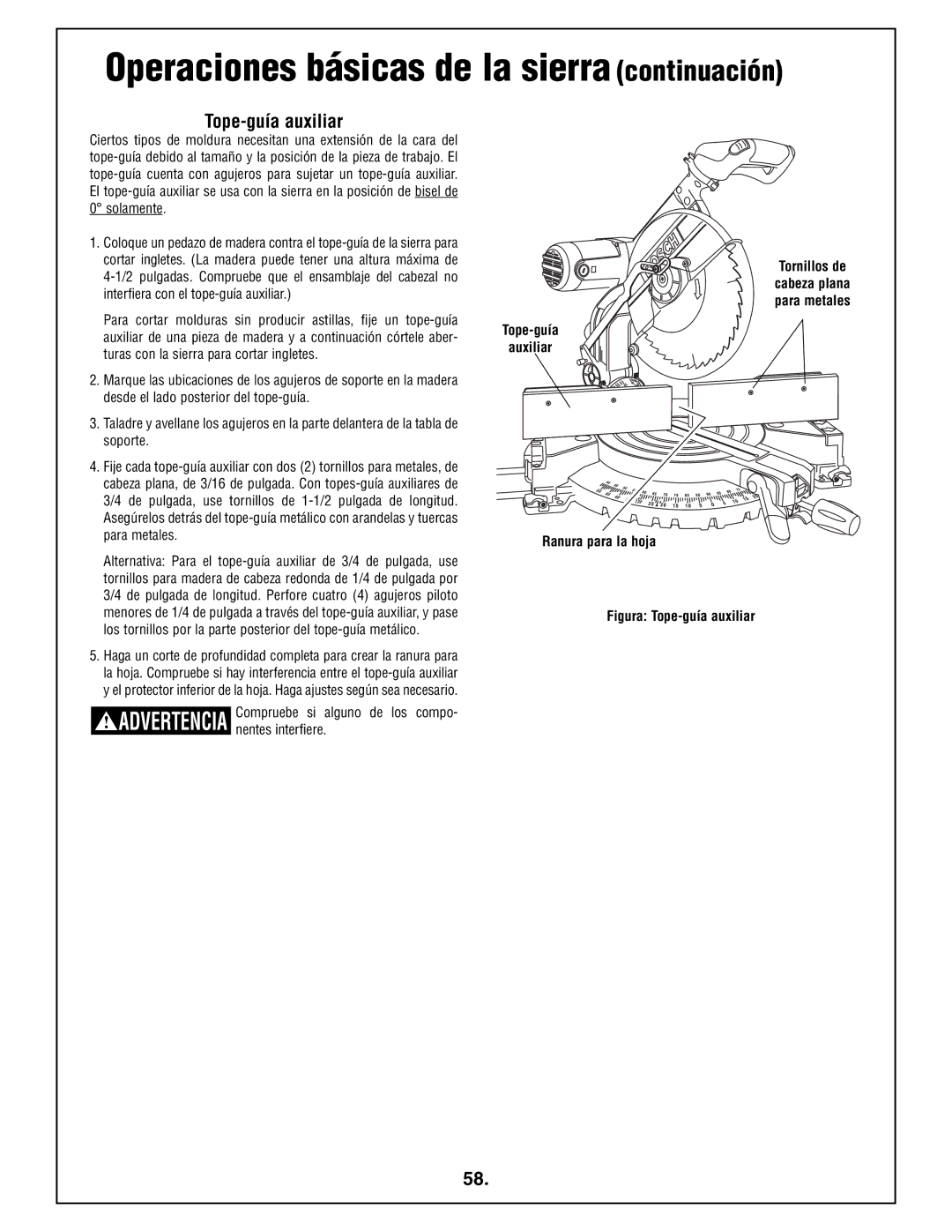 Bosch Power Tools 4212L manual Operaciones básicas de la sierra continuación, Tope-guía auxiliar, Tornillos de 