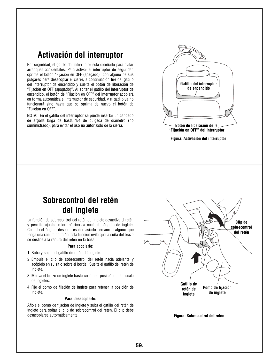 Bosch Power Tools 4212L Activación del interruptor, Sobrecontrol del retén Del inglete, Para acoplarlo, Para desacoplarlo 