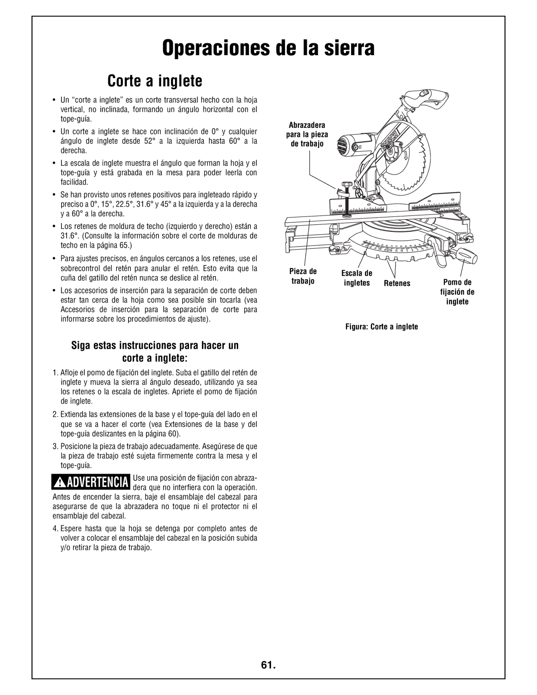 Bosch Power Tools 4212L Operaciones de la sierra, Siga estas instrucciones para hacer un Corte a inglete, Retenes 