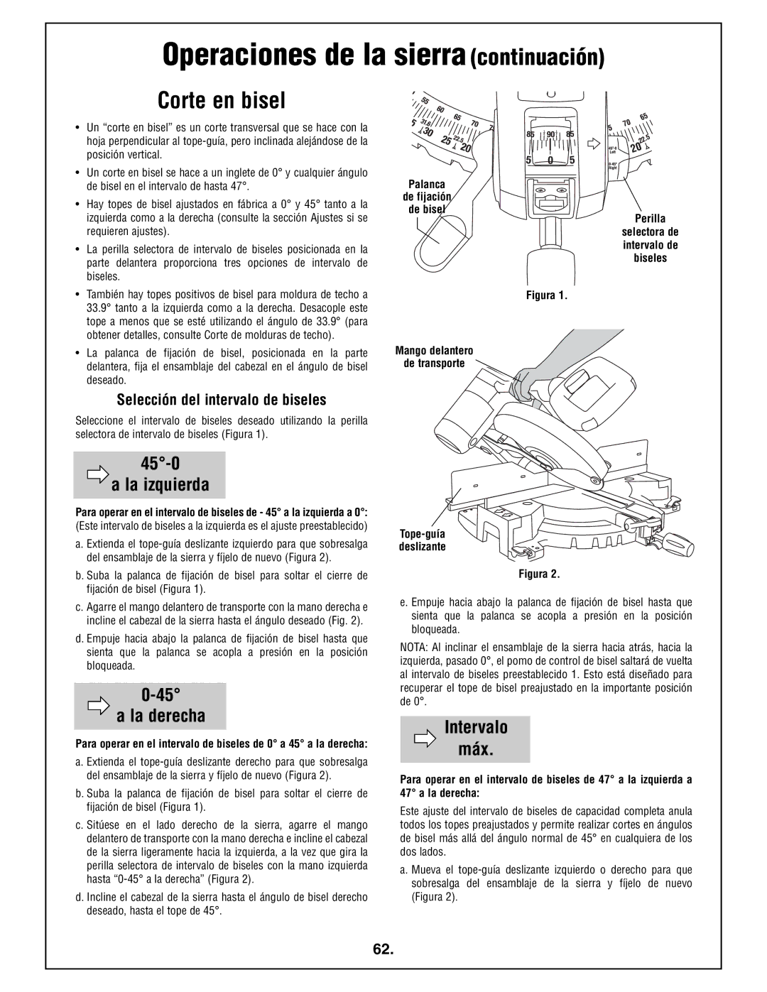 Bosch Power Tools 4212L manual Operaciones de la sierra continuación, Corte en bisel, Selección del intervalo de biseles 