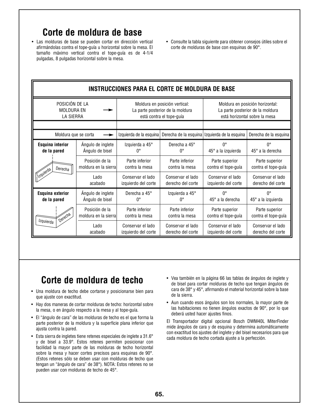 Bosch Power Tools 4212L manual Corte de moldura de base, Corte de moldura de techo, Moldura que se corta, Izquierda 