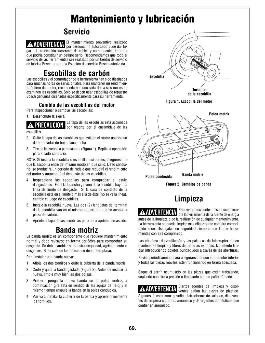 Bosch Power Tools 4212L manual Mantenimiento y lubricación, Servicio, Escobillas de carbón, Banda motriz, Limpieza 