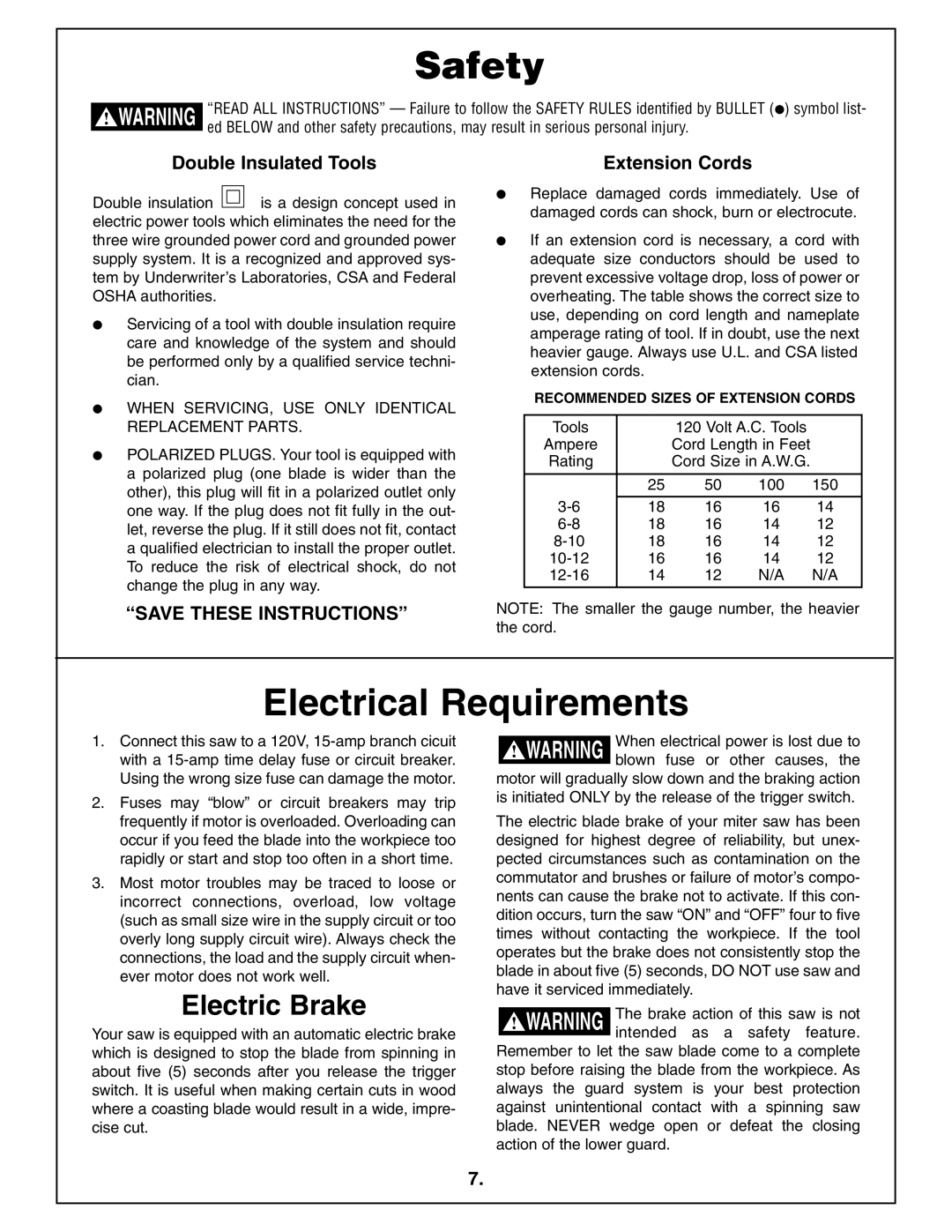 Bosch Power Tools 4212L manual Electrical Requirements, Electric Brake, Double Insulated Tools Extension Cords 