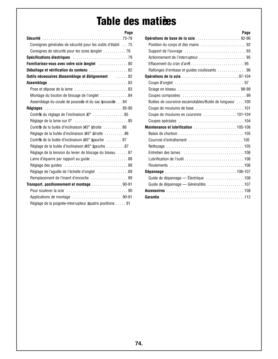 Bosch Power Tools 4212L manual Table des matières, 100, 106, 107, 112 