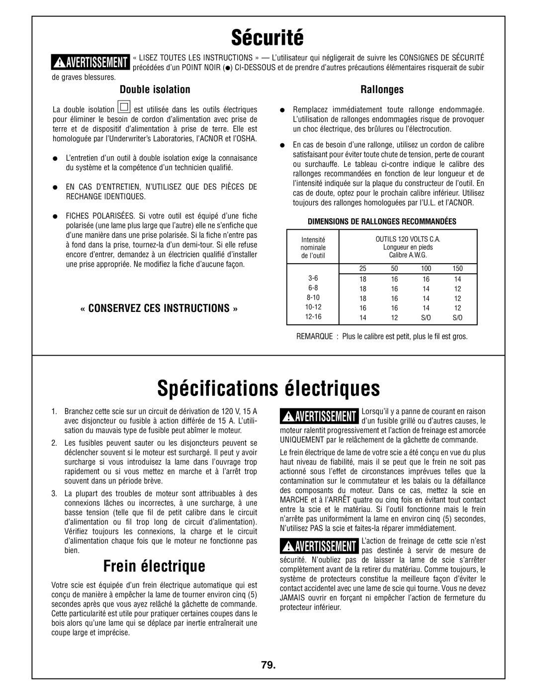 Bosch Power Tools 4212L manual Spécifications électriques, Frein électrique, Double isolation, Rallonges 