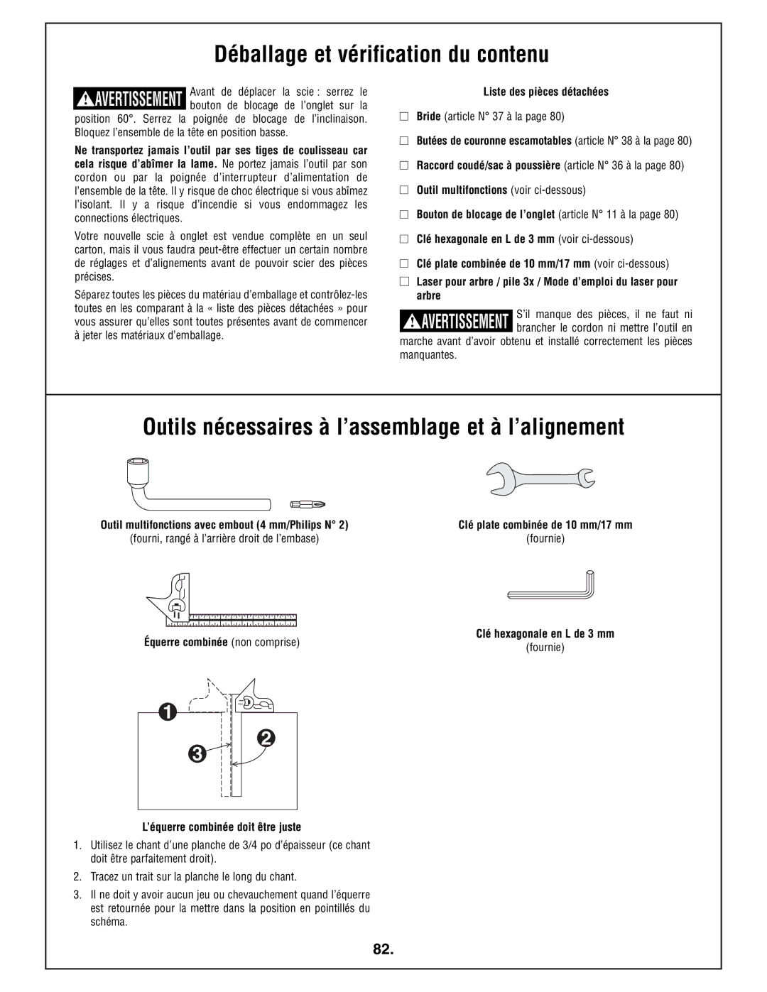 Bosch Power Tools 4212L manual Déballage et vérification du contenu, Outils nécessaires à l’assemblage et à l’alignement 