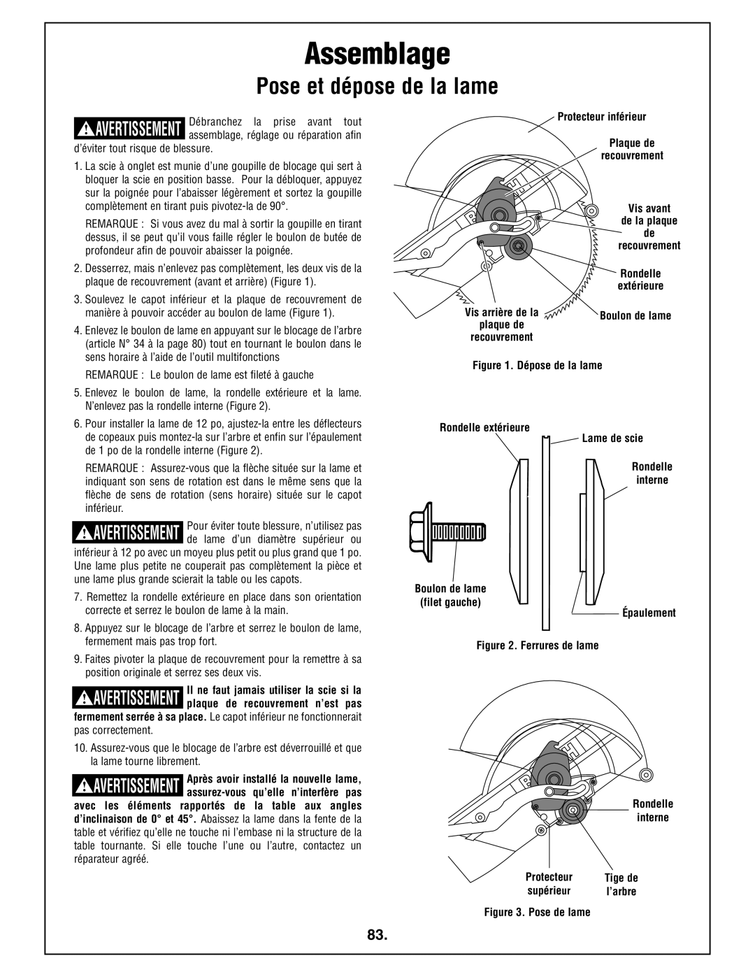 Bosch Power Tools 4212L manual Assemblage, Pose et dépose de la lame, Débranchez la prise avant tout, Boulon de lame 