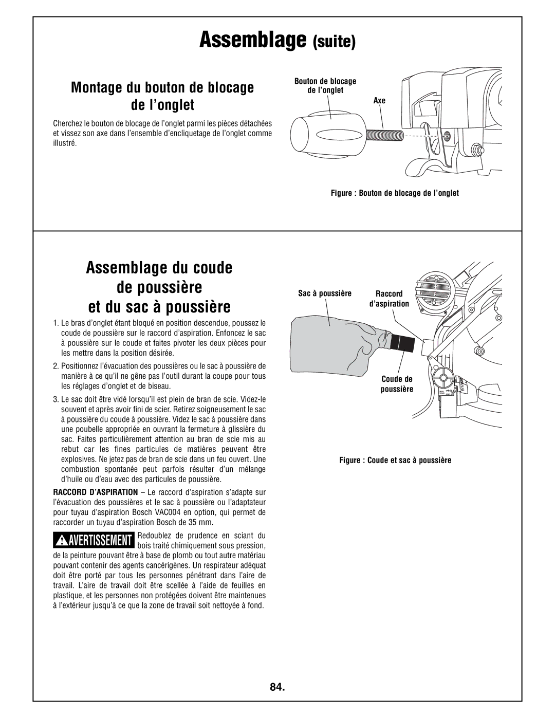 Bosch Power Tools 4212L manual Assemblage suite, Assemblage du coude De poussière Et du sac à poussière, Sac à poussière 