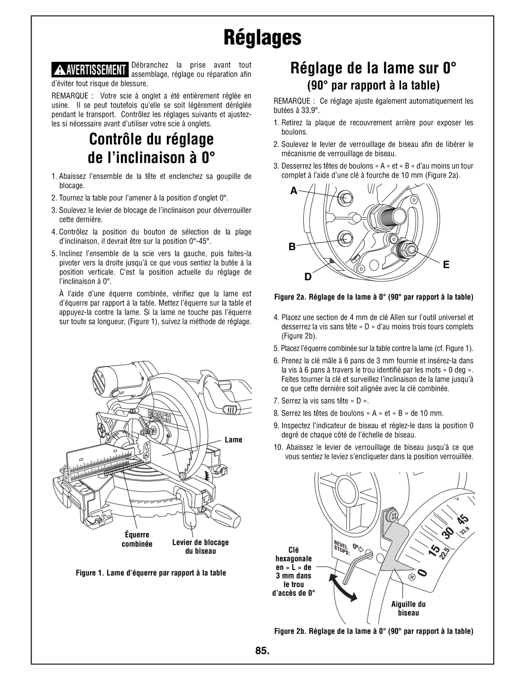 Bosch Power Tools 4212L manual Réglages, Réglage de la lame sur, Lame, Aiguille du Biseau 