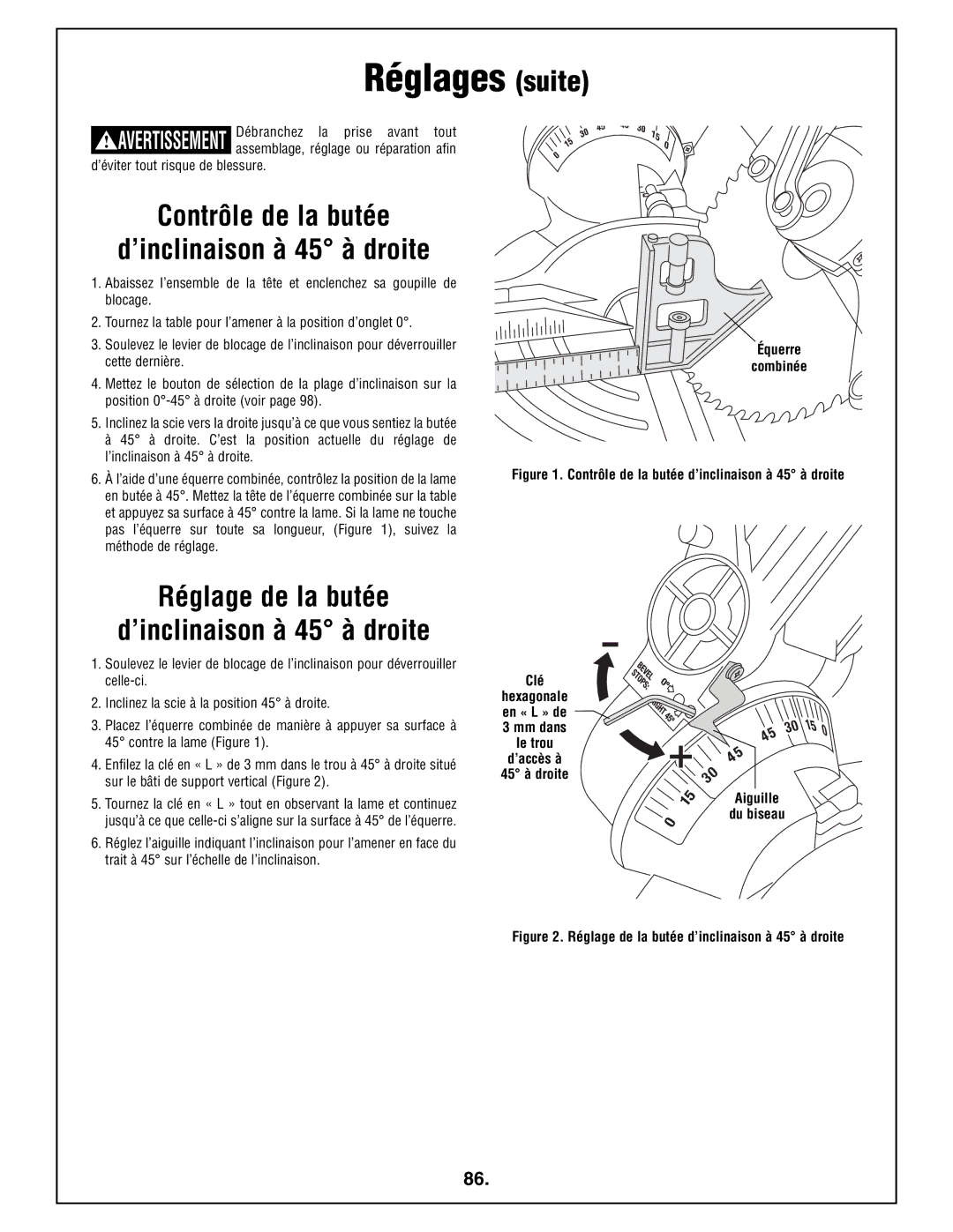 Bosch Power Tools 4212L manual Réglages suite, Contrôle de la butée ’inclinaison à 45 à droite, Équerre Combinée 