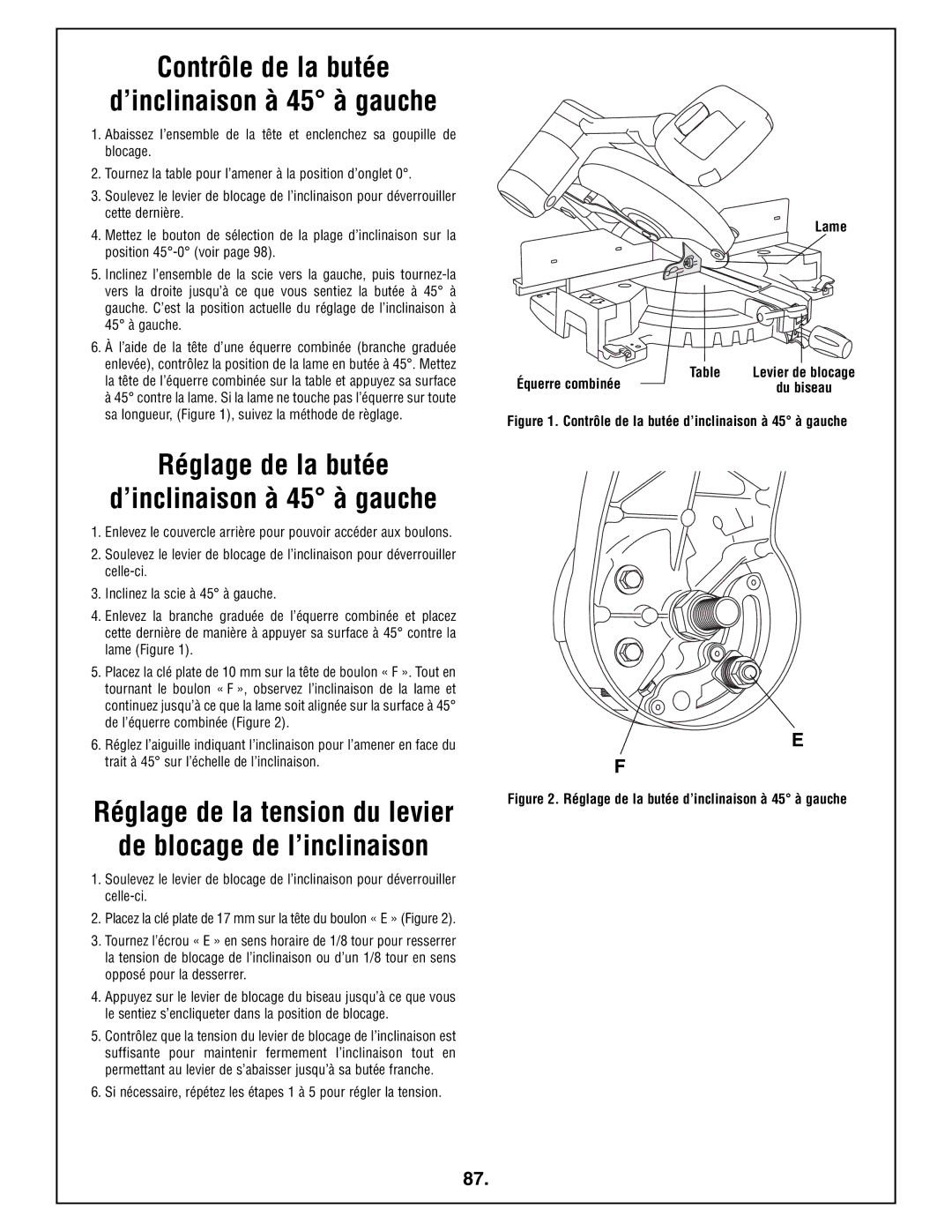 Bosch Power Tools 4212L Contrôle de la butée ’inclinaison à 45 à gauche, Réglage de la butée ’inclinaison à 45 à gauche 