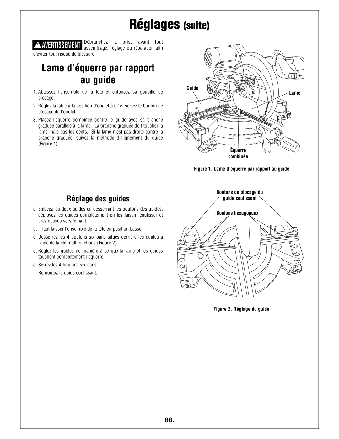 Bosch Power Tools 4212L manual Lame d’équerre par rapport Au guide, Guide Lame Équerre Combinée 