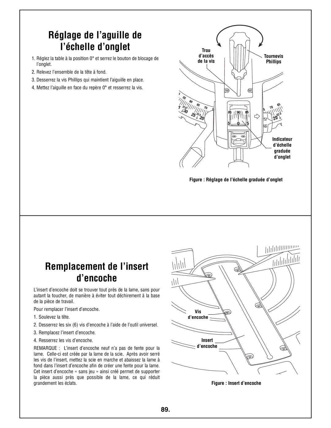 Bosch Power Tools 4212L Réglage de l’aguille de ’échelle d’onglet, Remplacement de l’insert ’encoche, Insert ’encoche 