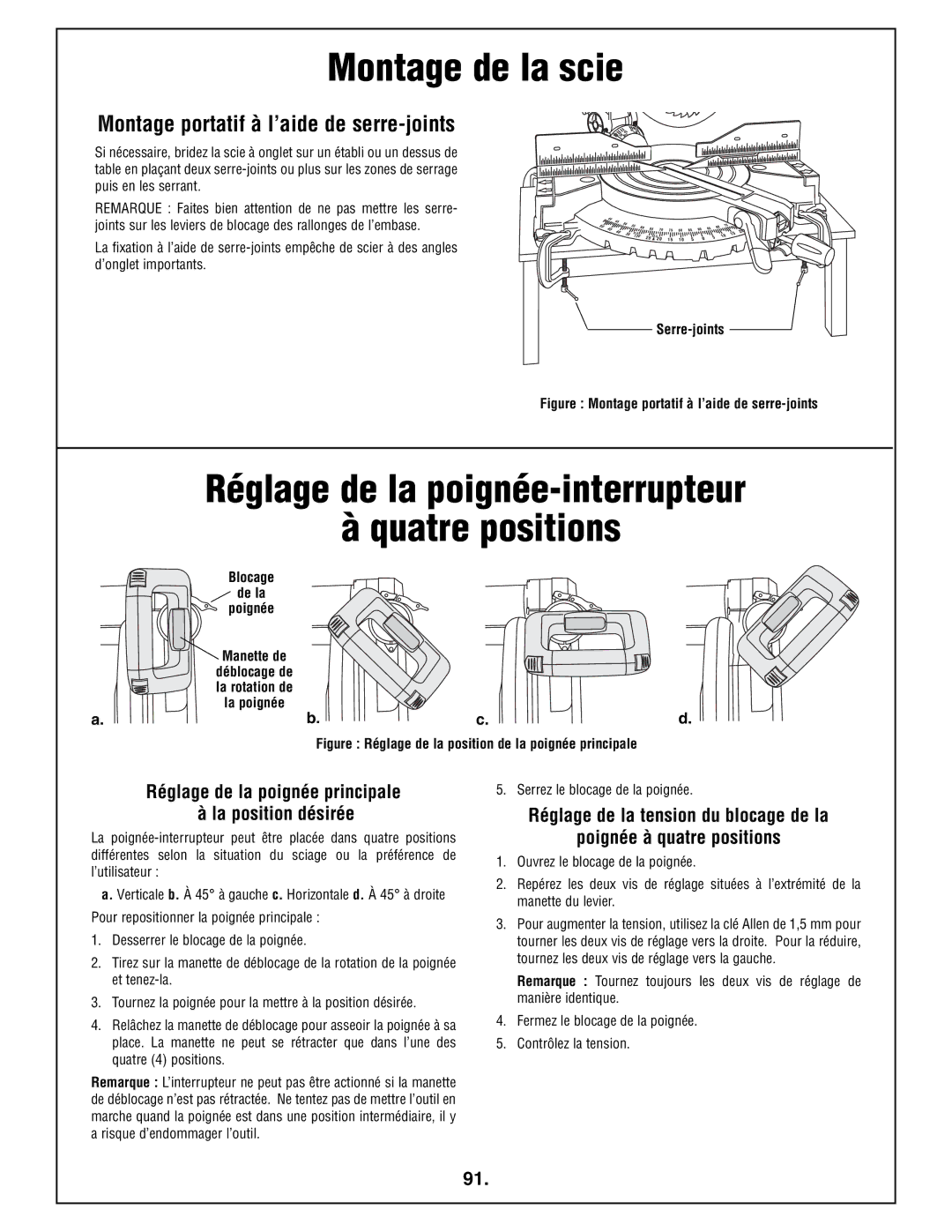 Bosch Power Tools 4212L Montage de la scie, Réglage de la poignée principale à la position désirée, Serre-joints, Poignée 