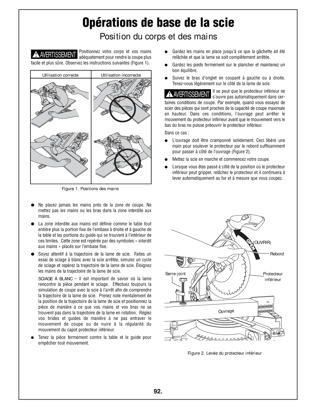 Bosch Power Tools 4212L manual Opérations de base de la scie, Position du corps et des mains, Serre-joint 