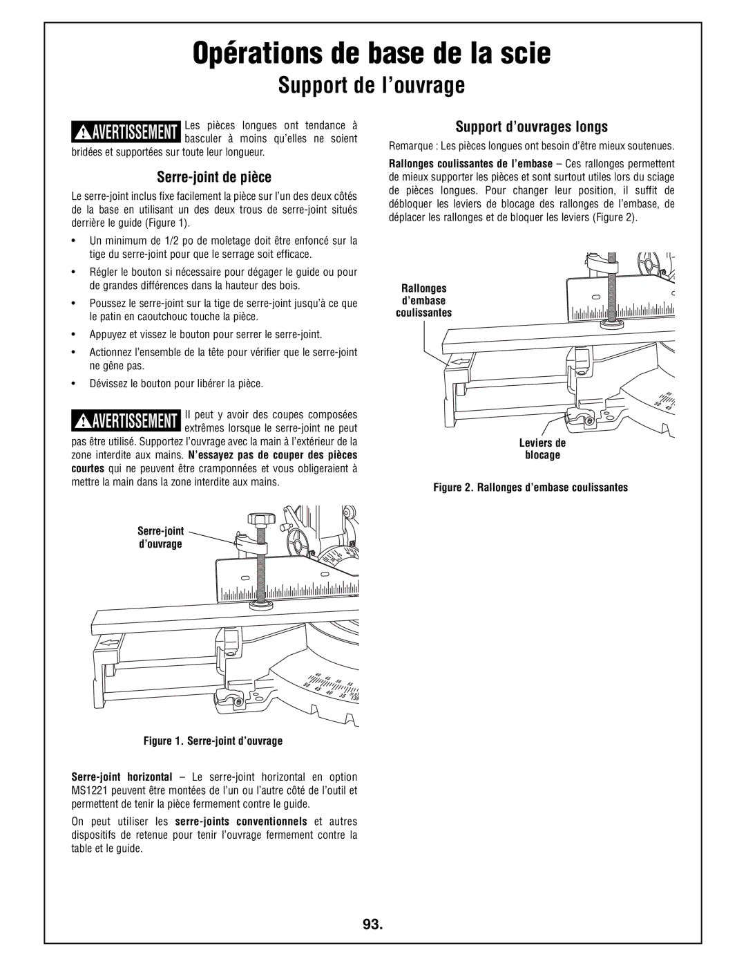 Bosch Power Tools 4212L manual Support de l’ouvrage, Serre-joint de pièce, Support d’ouvrages longs, Leviers de Blocage 