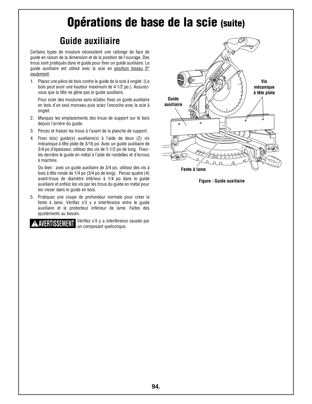 Bosch Power Tools 4212L manual Opérations de base de la scie suite, Guide auxiliaire, Guide Auxiliaire Fente à lame 