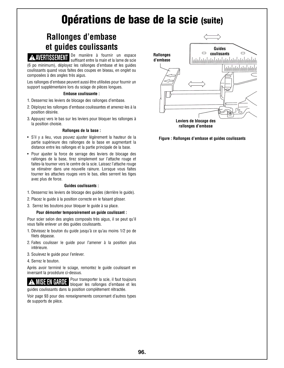 Bosch Power Tools 4212L manual Embase coulissante, Rallonges de la base, Guides coulissants 