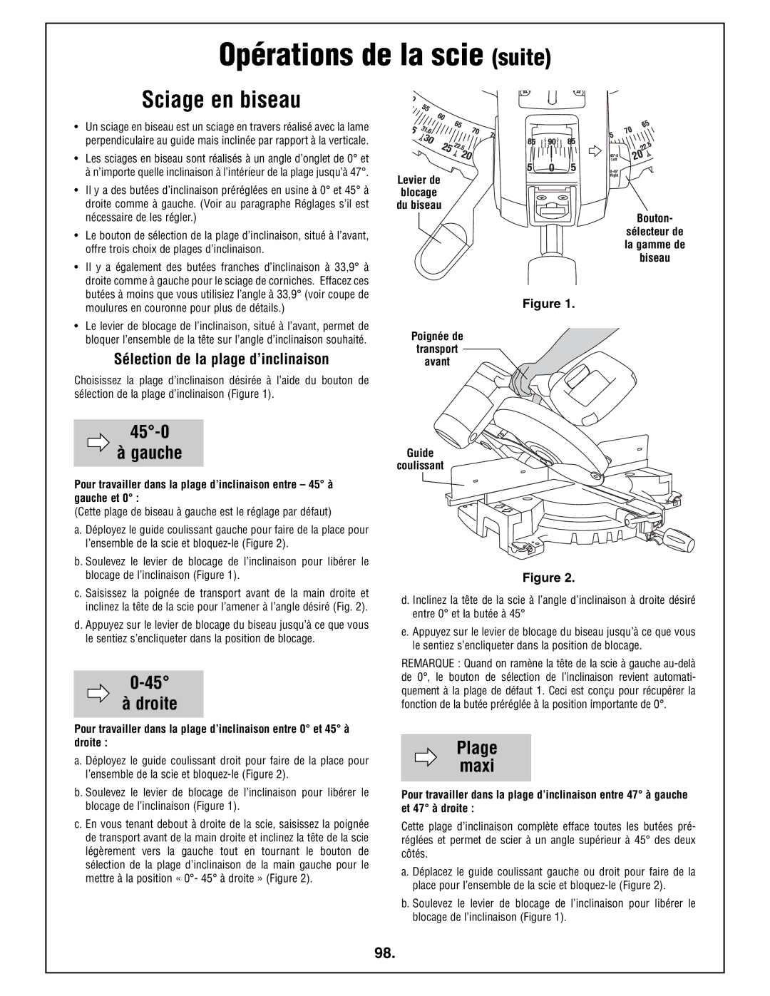 Bosch Power Tools 4212L manual Opérations de la scie suite, Sciage en biseau, Sélection de la plage d’inclinaison 