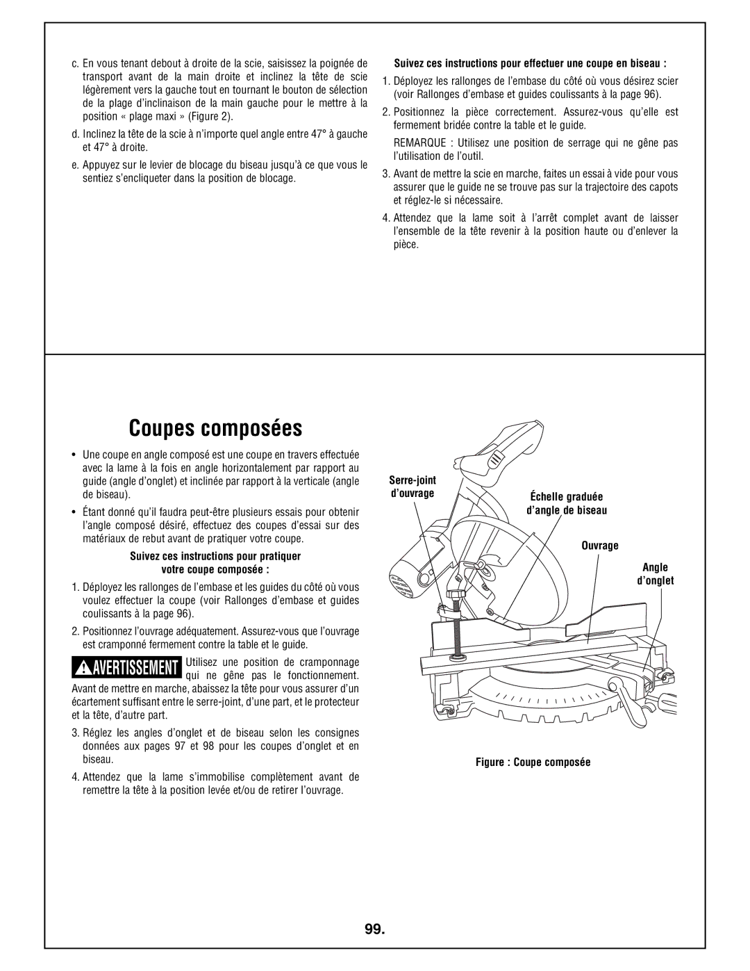 Bosch Power Tools 4212L manual Coupes composées, Suivez ces instructions pour effectuer une coupe en biseau 