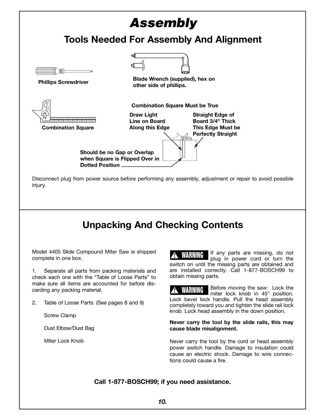 Bosch Power Tools 4405 manual Tools Needed For Assembly And Alignment, Unpacking And Checking Contents 