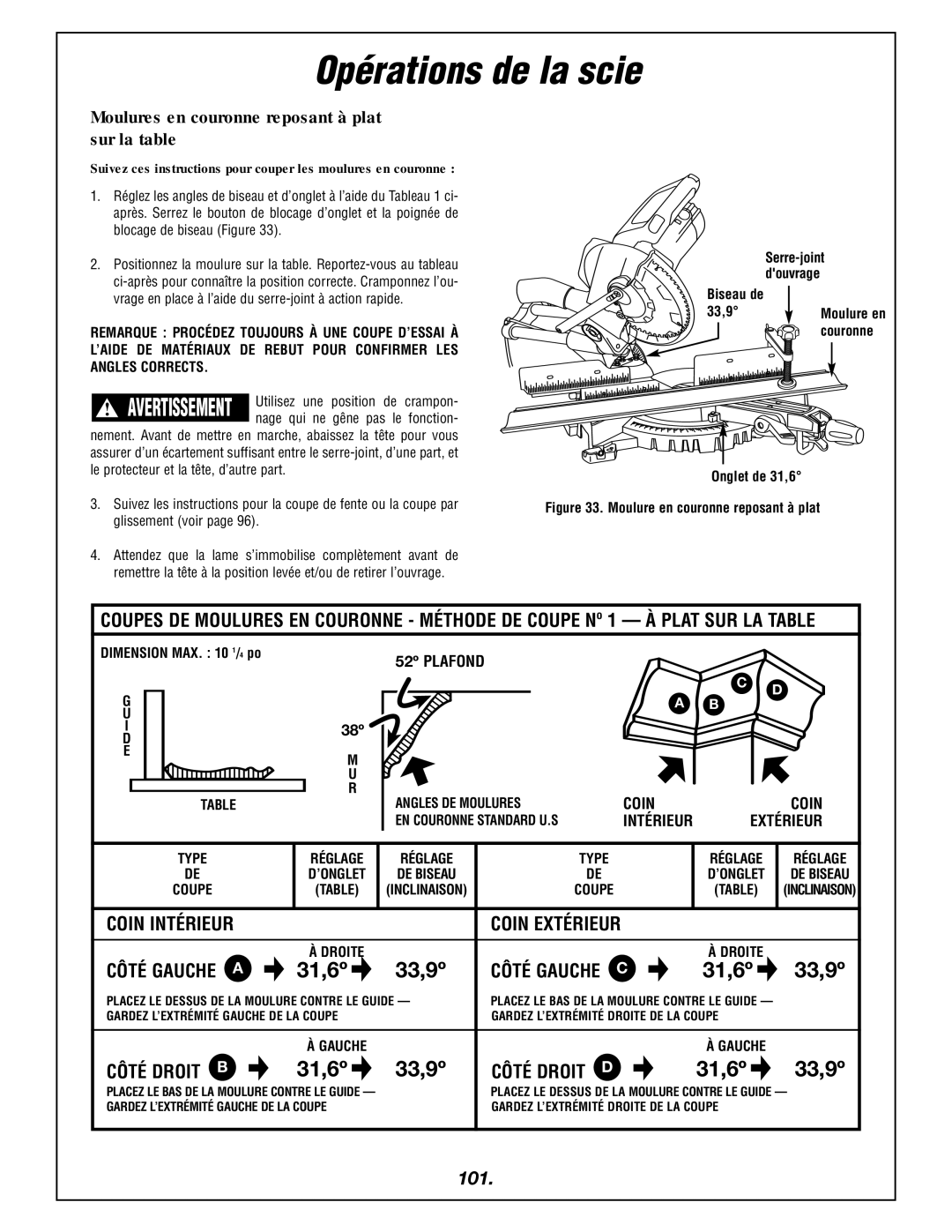 Bosch Power Tools 4405 manual Moulures en couronne reposant à plat sur la table, 101 