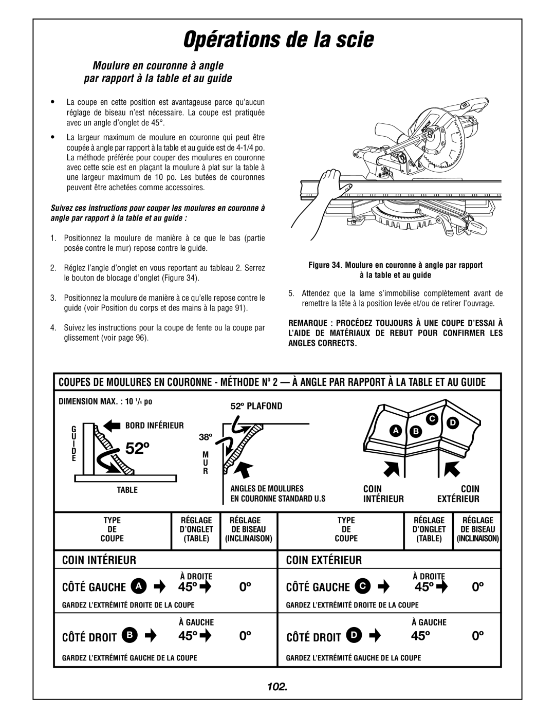 Bosch Power Tools 4405 manual 102, Moulure en couronne à angle par rapport La table et au guide 