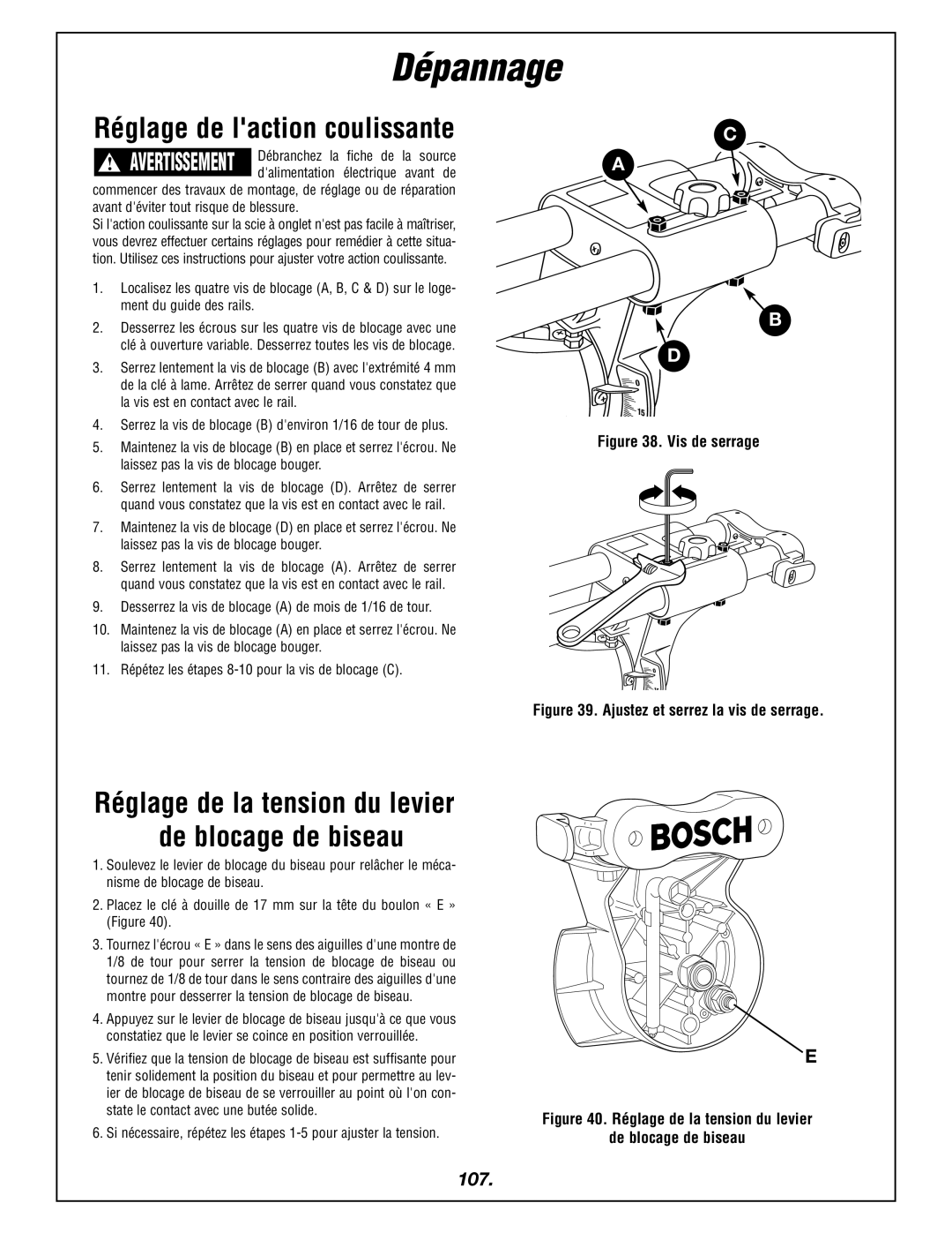 Bosch Power Tools 4405 manual Réglage de laction coulissante, 107, Avant déviter tout risque de blessure 