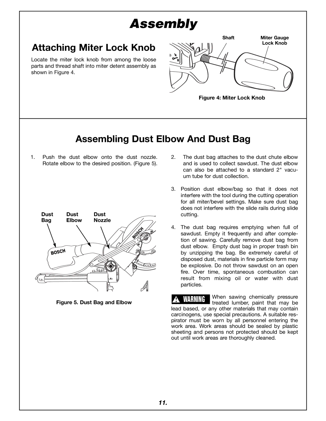 Bosch Power Tools 4405 manual Attaching Miter Lock Knob, Assembling Dust Elbow And Dust Bag 