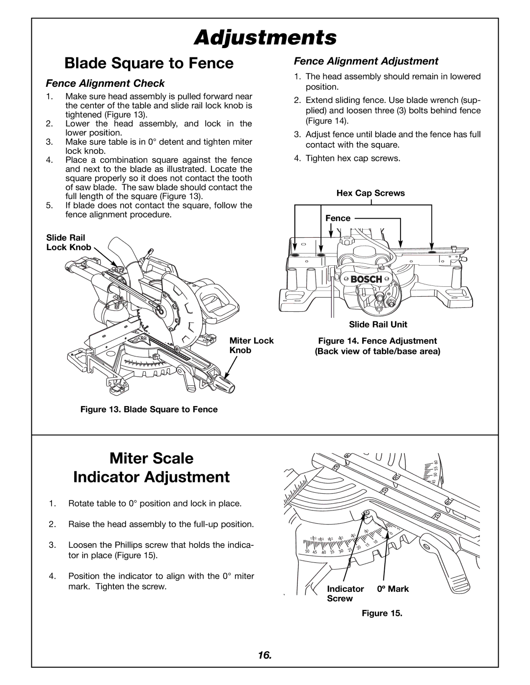 Bosch Power Tools 4405 manual Blade Square to Fence, Miter Scale Indicator Adjustment, Fence Alignment Check 