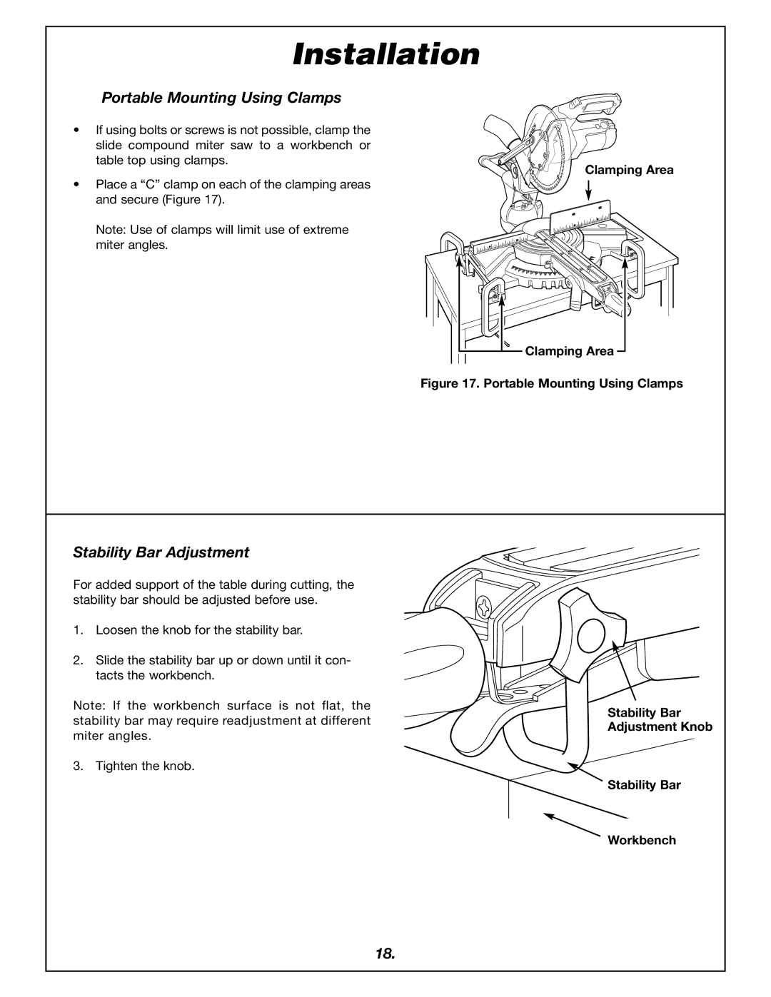 Bosch Power Tools 4405 manual Portable Mounting Using Clamps, Stability Bar Adjustment 