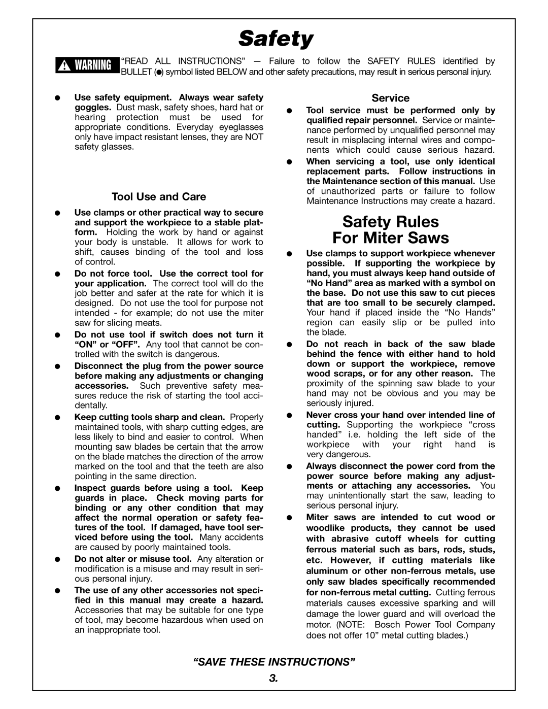 Bosch Power Tools 4405 manual Safety Rules For Miter Saws, Tool Use and Care 