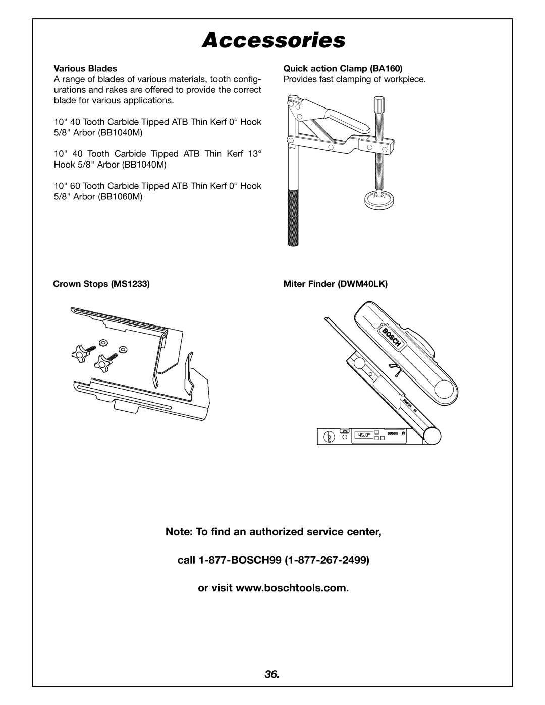 Bosch Power Tools 4405 manual Accessories, Various Blades Quick action Clamp BA160 