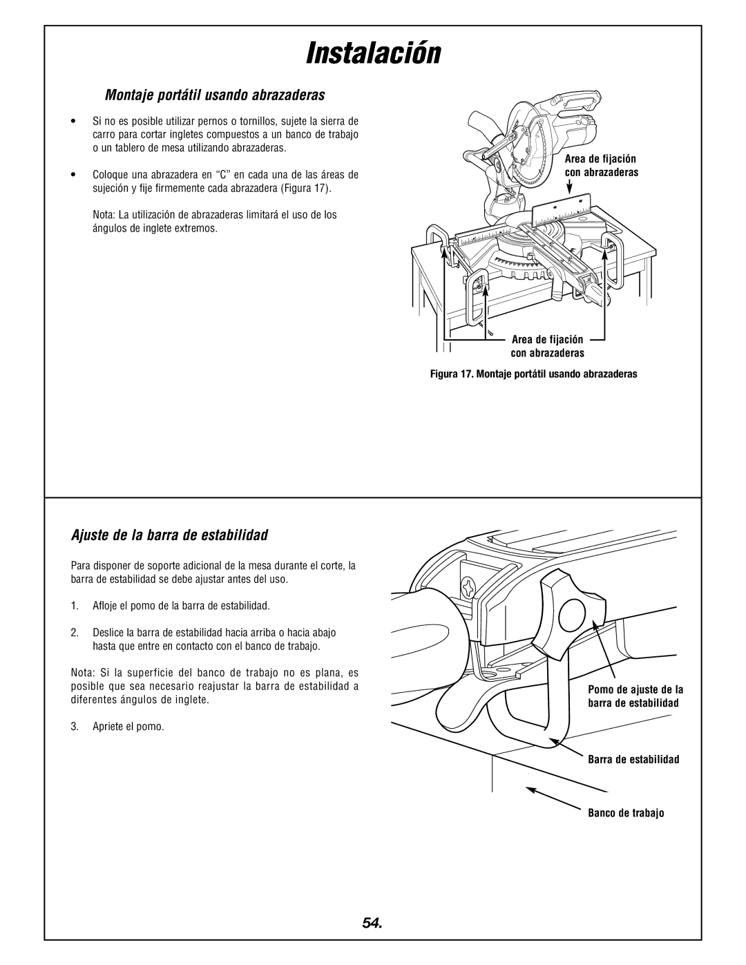 Bosch Power Tools 4405 manual Montaje portátil usando abrazaderas, Ajuste de la barra de estabilidad 