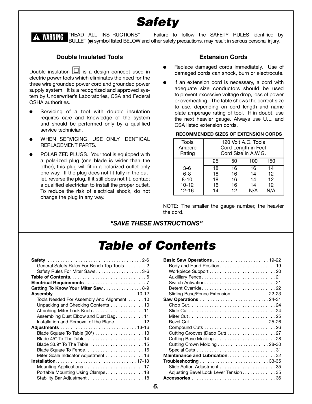 Bosch Power Tools 4405 manual Table of Contents 