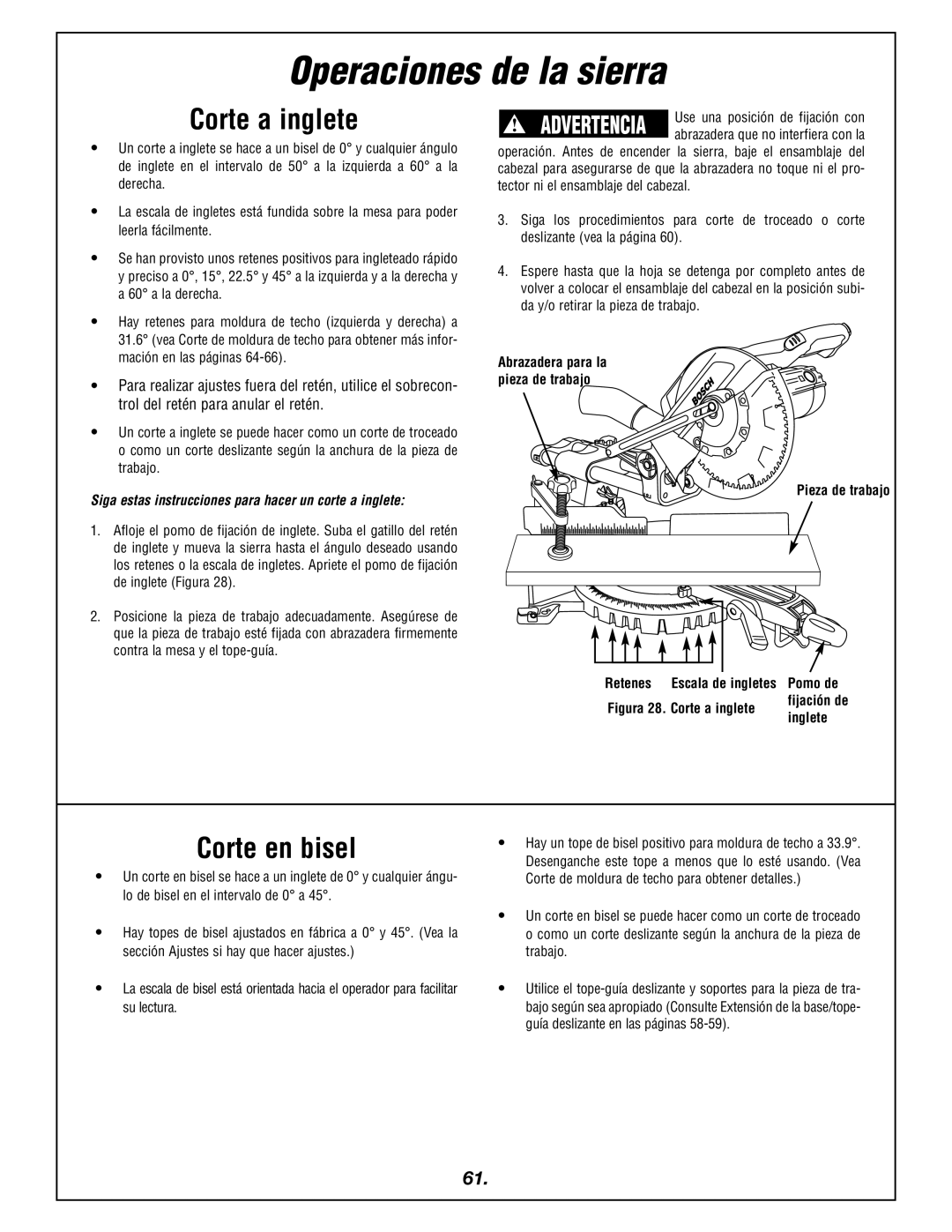 Bosch Power Tools 4405 manual Corte a inglete, Corte en bisel, Siga estas instrucciones para hacer un corte a inglete 