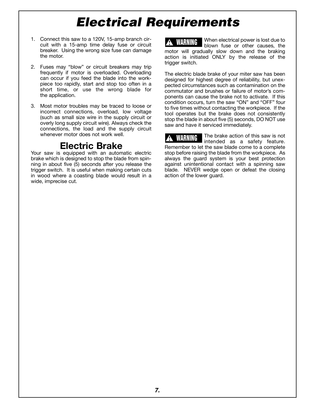 Bosch Power Tools 4405 manual Electrical Requirements, Electric Brake 