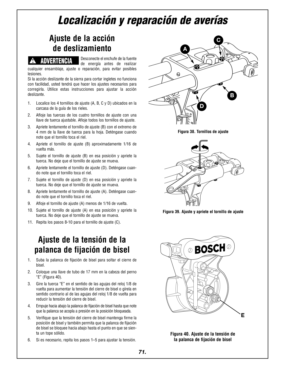 Bosch Power Tools 4405 manual Ajuste de la acción De deslizamiento, Repita los pasos 8-10 para el tornillo de ajuste C 