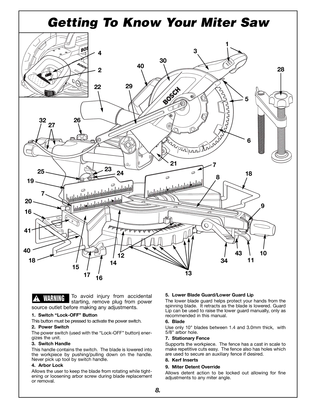 Bosch Power Tools 4405 manual Getting To Know Your Miter Saw, Source outlet before making any adjustments 