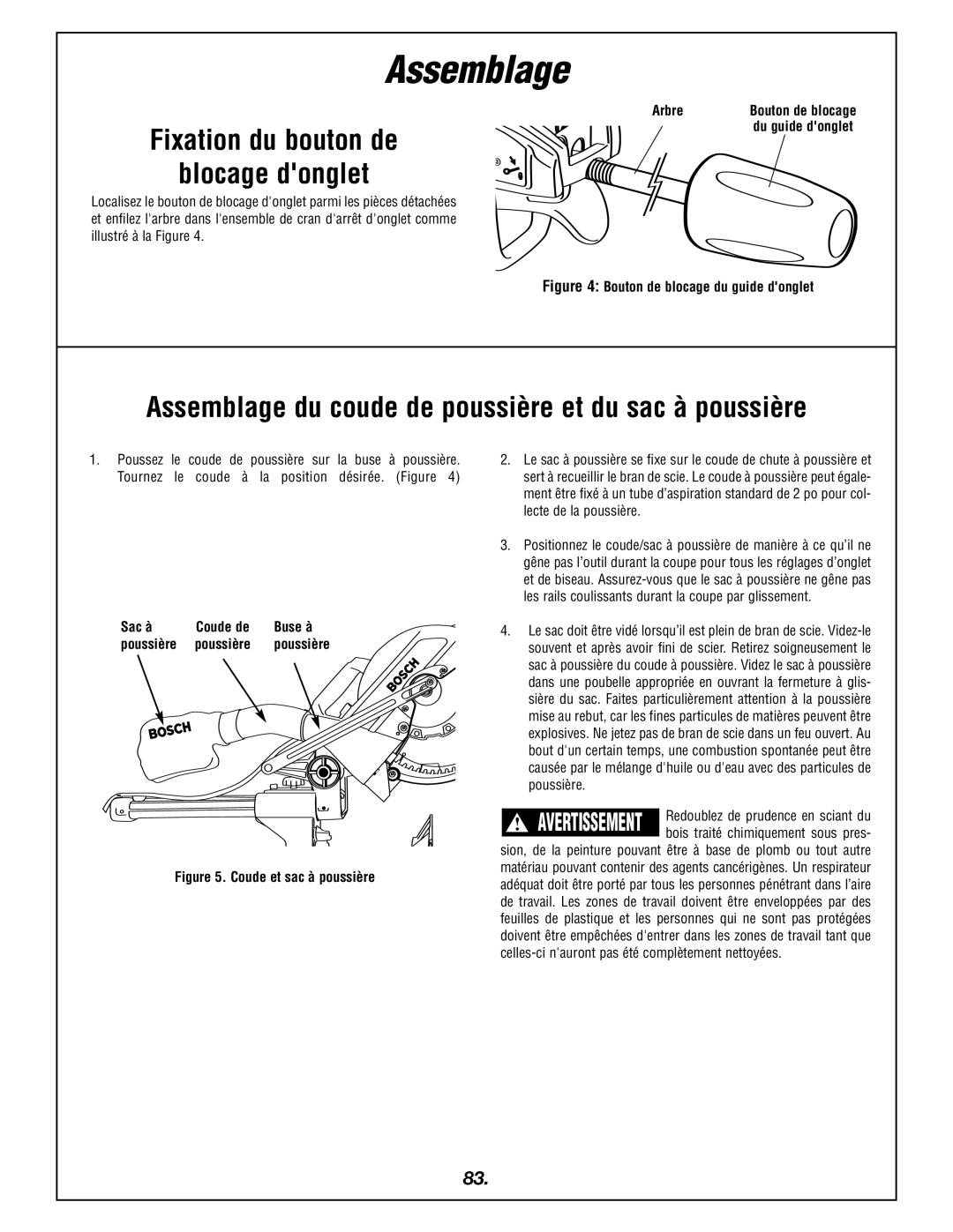 Bosch Power Tools 4405 manual Fixation du bouton de Blocage donglet, Assemblage du coude de poussière et du sac à poussière 