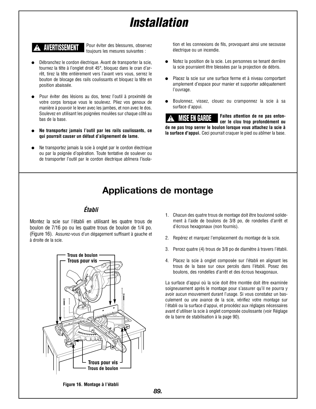 Bosch Power Tools 4405 manual Installation, Applications de montage, Établi, Droite de la scie, Trous de boulon 