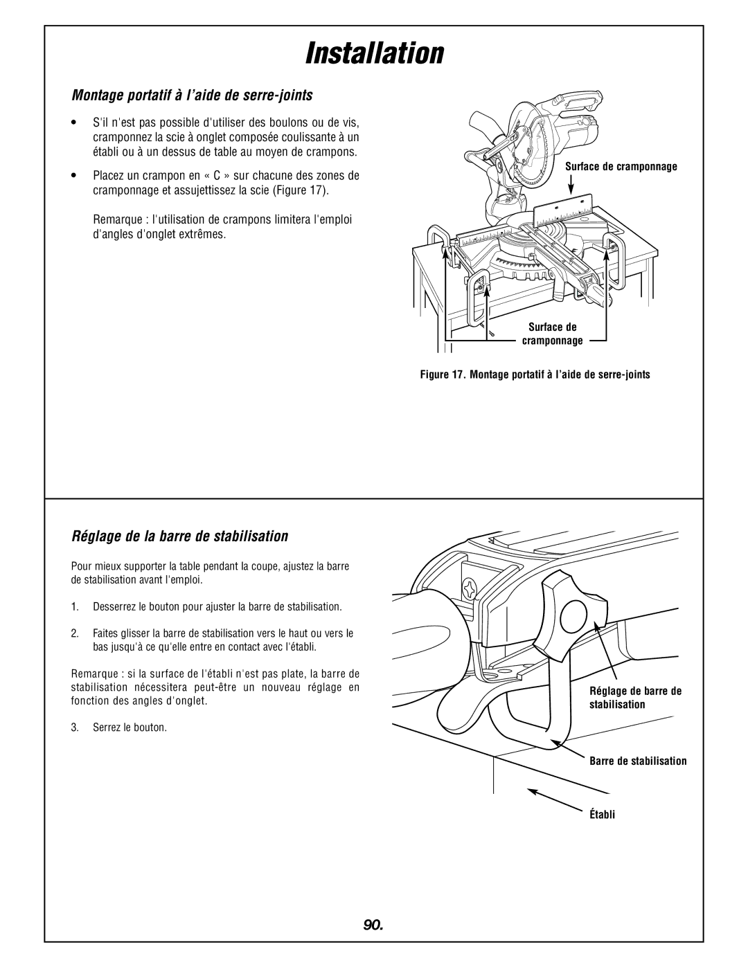 Bosch Power Tools 4405 manual Montage portatif à l’aide de serre-joints, Réglage de la barre de stabilisation 