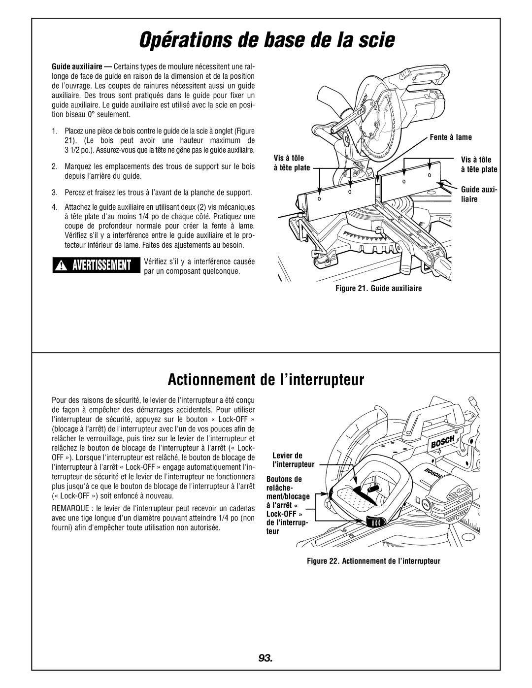 Bosch Power Tools 4405 manual Actionnement de l’interrupteur, Fente à lame, Guide auxi Liaire 