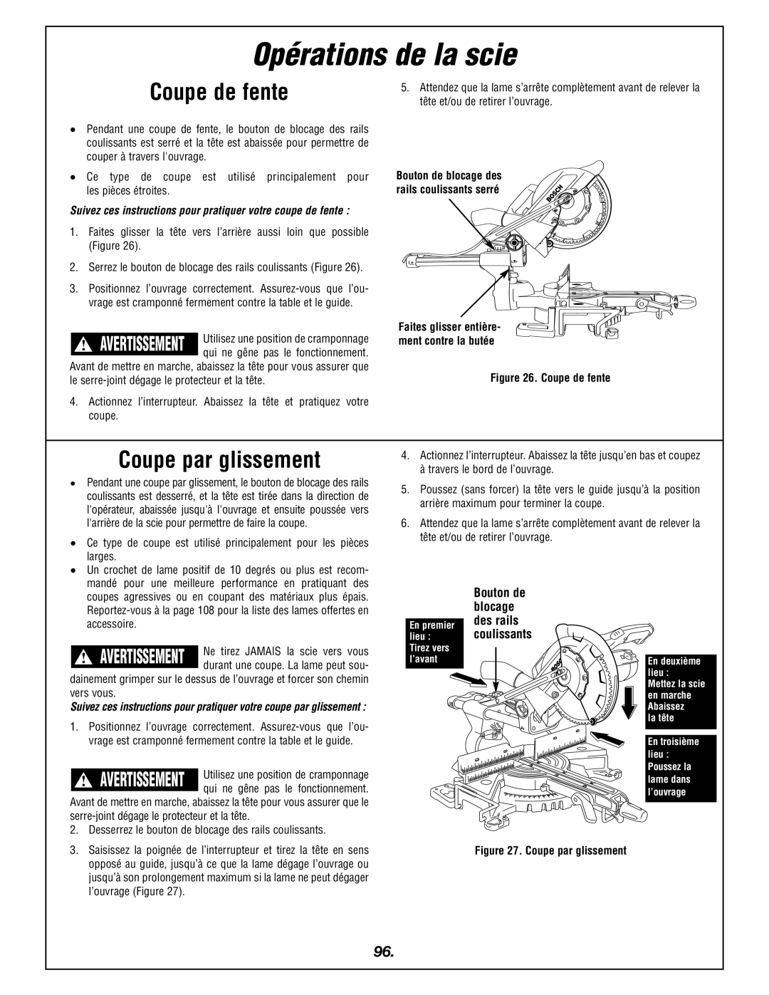 Bosch Power Tools 4405 manual Opérations de la scie, Coupe de fente, Coupe par glissement, Bouton de blocage 