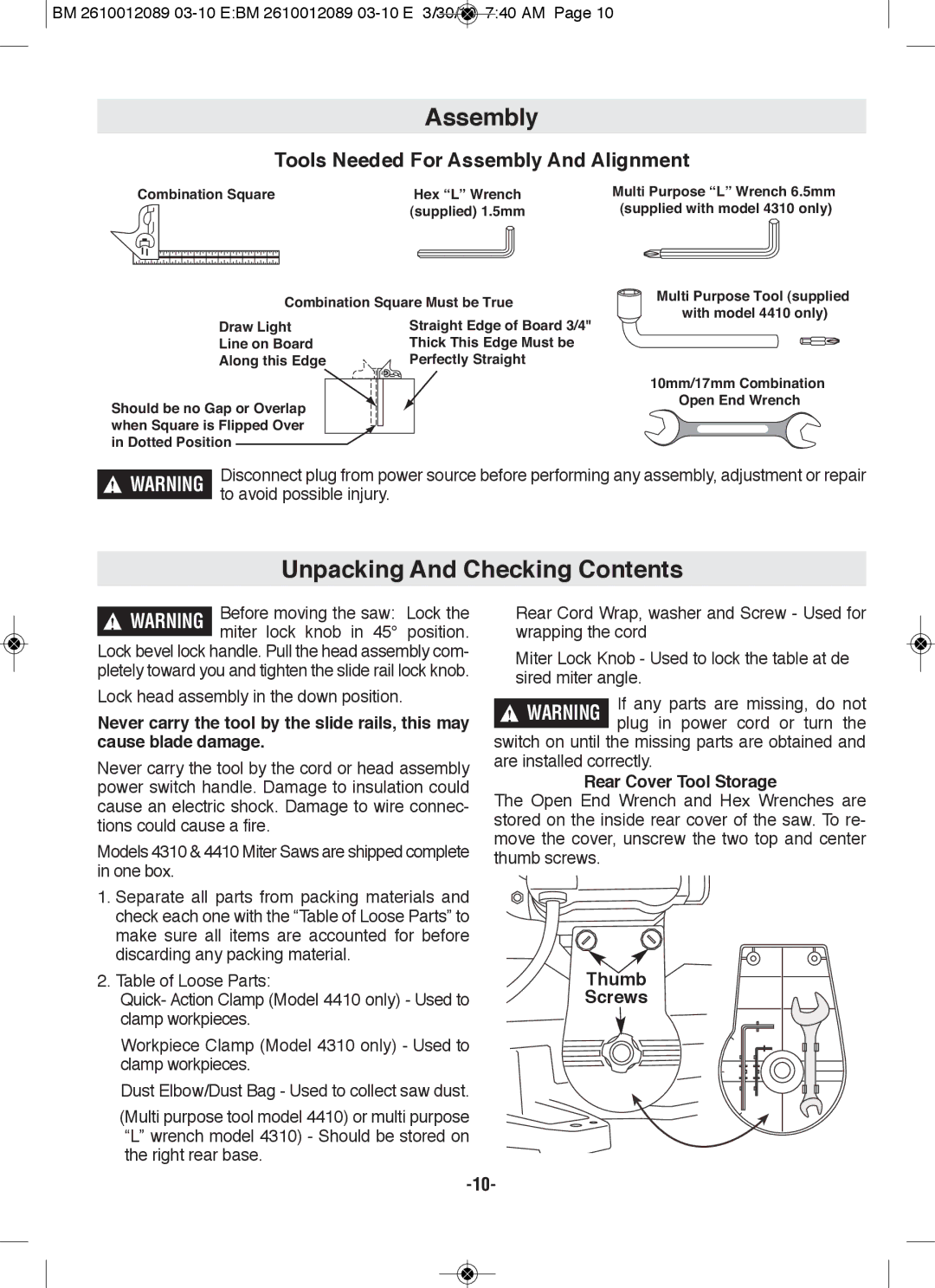 Bosch Power Tools 4410, 4310 manual Assembly, Unpacking And Checking Contents 