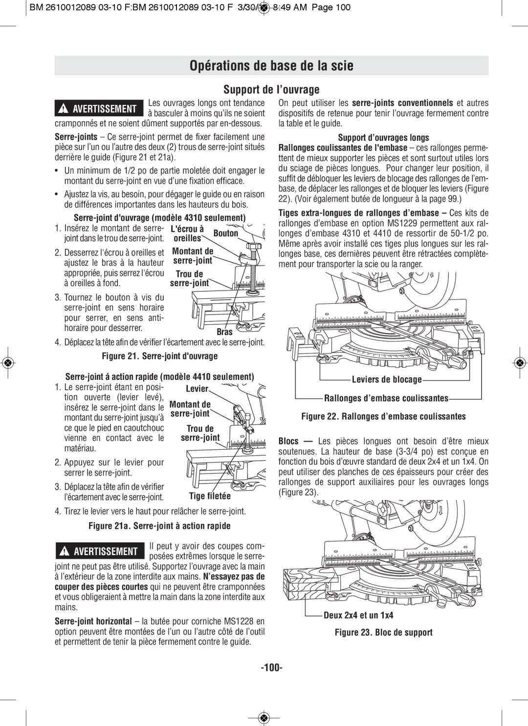 Bosch Power Tools 4410, 4310 manual Support de l’ouvrage, Trou de Serre-joint Bras, Levier, Trou de Serre-joint Tige filetée 